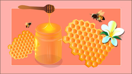 The honeycomb is filled with sweet golden honey, a jar of thick golden honey. Bees are flying around.のイラスト素材
