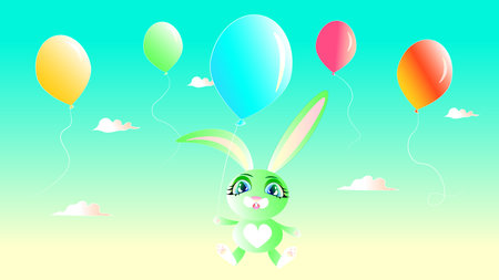 A cute bunny the color of young grass flies in a balloon. Happy Easter. celebrationのイラスト素材