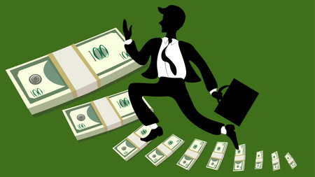 A man runs up the steps from dollars to income and profit, to prosperity and abundance. business conceptのイラスト素材