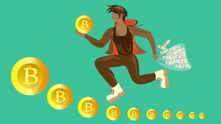 A happy guy running on a rising bitcoin holding a bag of dollars in his hand. cryptocurrenciesのイラスト素材