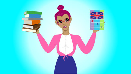 The lady is holding foreign language textbooks, an English textbook. educationのイラスト素材