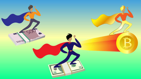 The economic race. Bitcoin is flying ahead of the dollar and the euro. banking and cryptocurrenciesのイラスト素材