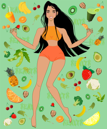 A lady happily smiling full of life in a Healthy lifestyle filled with fresh fruit and vegetables, nuts and herbsのイラスト素材