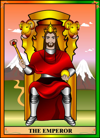 Tarot card emperor. The emperor sits in his throne of gold holding a sceptre and orb of power. The emperor defends his land and his people.のイラスト素材