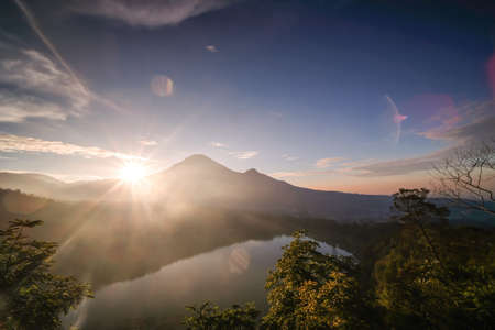 the beauty of Menjer Lake against the background of Mount Sindoro. Wonosobo tourist destination,...