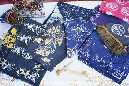 Pasuruan, Indonesia. June 2021. Written batik and stamped batik made by the Bromo Tengger Tribe are ready to be sold and exhibited. Batik typical of Bromo Tengger Semeru National Parkのeditorial素材