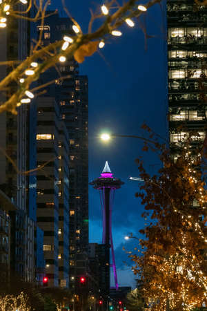 Seattle, Washington - 2018-12-31 - Seattle space needle photo taken at night from Amazon Spheresのeditorial素材