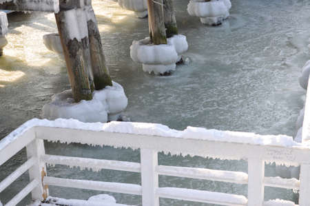 frozen sea ocean water under the bridge pier balls poles in a row white balustradeの写真素材