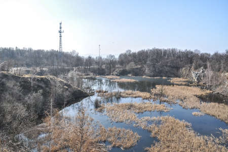 old abandoned stone quarry basalt mine flooded with water Strzegom in Poland