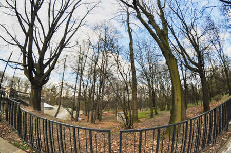 path in a public park trees in a public park no leaves fisheye lens autumn gray balustrade