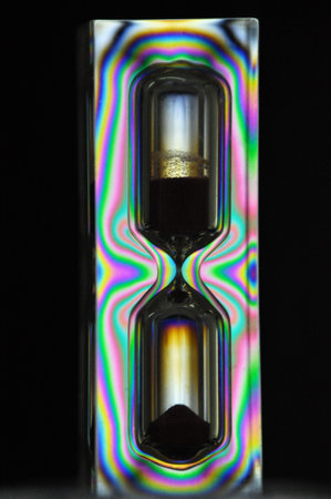 A colorful rainbow hourglass measuring time against a black background