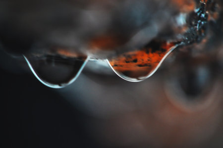 Water droplets hang from a rusty metal railingの写真素材