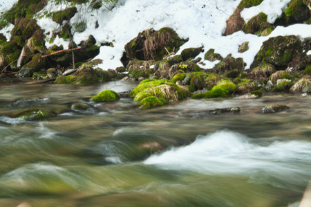 Fast-flowing water in a stream, stones in the river, long exposureの写真素材