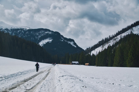 A person hikes a mountain trail in the Tatras in winter amidst the white snow on a sunny day Polandの写真素材