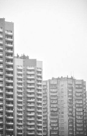 High skyscrapers old buildings in the distance in the city of Katowice cityscapeの写真素材