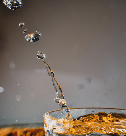A drop splashing in water, falling into the water against a gray background sparkingの写真素材