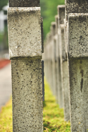 Rows of concrete crosses at a historic cemetery