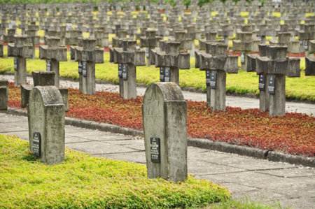 Rows of concrete crosses at a historic cemeteryの写真素材