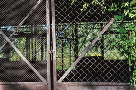 This evocative image captures old, abandoned warehouse buildings, heavily covered in rust and showing clear signs of decay, yet bathed in bright sunlight. They stand strikingly amidst vibrant greenery, creating a compelling contrast between industrial ruins and thriving nature. The photograph is ideal for themes related to urban exploration, decay, the passage of time, reclamation by nature, and the raw beauty found in forgotten industrial spaces.の写真素材