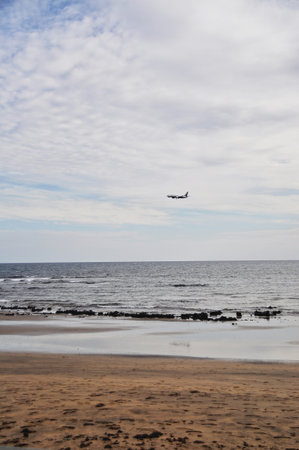 Passenger jet plane flying low over sea beach