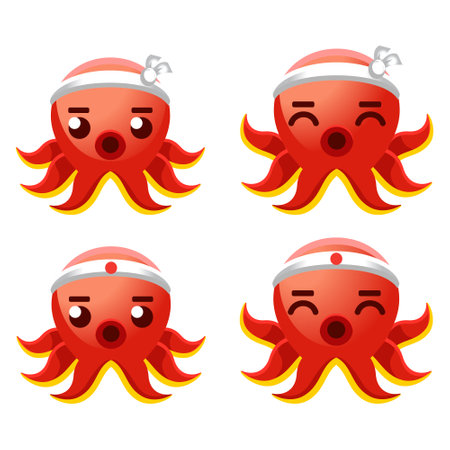 Vector flat design cartoon takoyaki octopus characters. Cute mochi mascot friendship. Set of characters for Greeting card illustration template and logo.のイラスト素材