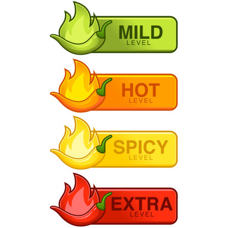 Icons of spicy food level, mild,hot,spicy,extra,soft, medium and very hot pepper sauce with fire flame. Hot pepper sign vector cartoon illustration symbol.のイラスト素材