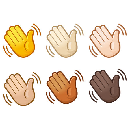 Emotional waving hand hello emoji hand set of various skin tones cute cartoon stylized vector cartoon illustration icons. Isolated on white background.のイラスト素材