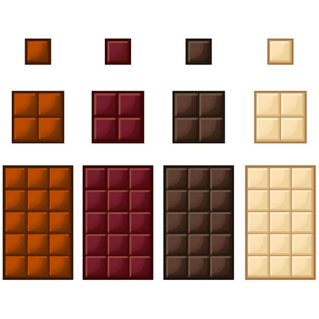 Set of chocolate bar isolated on white background. Vector cartoon flat design illustration collection template. Dark chocolate, white chocolate, milk chocolateのイラスト素材