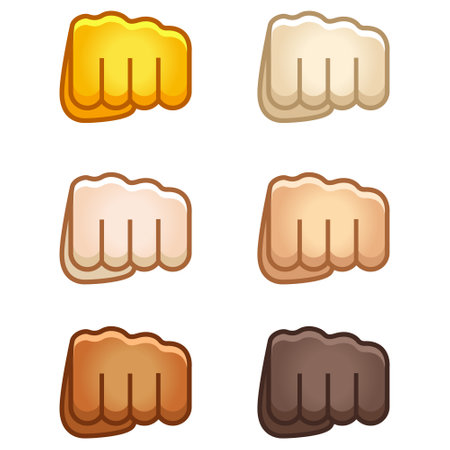 Different mood emoji. Emotional fist bump punch fight emoji hand set of various skin tonescute cartoon stylized vector cartoon illustration icons. Isolated on white background.のイラスト素材