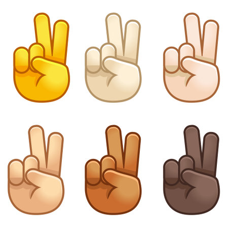 Different mood emoji. Emotional peace sign emoji hand set of various skin tonescute cartoon stylized vector cartoon illustration icons. Isolated on white background.のイラスト素材