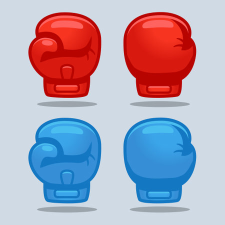 Cartoon red and blue boxing glove icon, front and back. Isolated vector flat design illustration.のイラスト素材