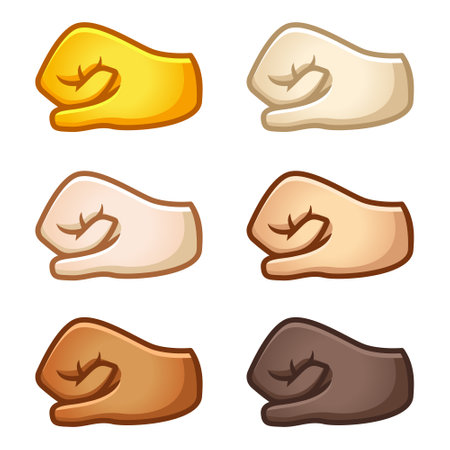 Different mood emoji. Emotional fist bump punch emoji hand set of various skin tones cute cartoon stylized vector cartoon illustration icons. Isolated on white background.のイラスト素材
