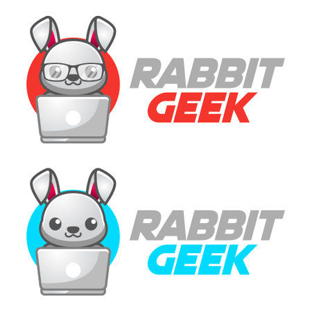 Modern vector flat design simple minimalist logo template of rabbit bunny geek nerd smart mascot character vector collection for brand, emblem, label, badge. Isolated on white background.のイラスト素材