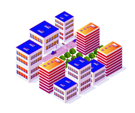 Lifestyle scene urban Isometric 3D illustration of a cityのイラスト素材