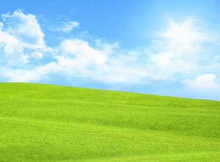 Green meadow with blue sky, sun, and cloudsの写真素材