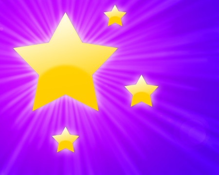 Yellow shining stars with light rays on a purple pink gradient background の写真素材