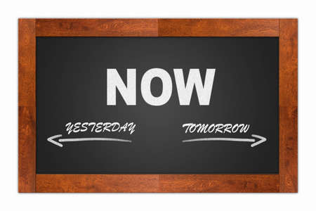 Now, yesterday, tomorrow written with chalk on a blackboardの写真素材