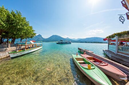 St. Wolfgang, Austria - June 23, 2014: Roesslterrace at the Wolfgangsee in St. Wolfgang. Popular travel destination in Austria.のeditorial素材