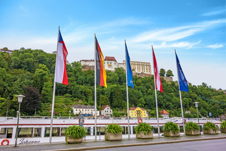 Passau, Germany - June 29, 2014: Veste Oberhaus, historical stronghold of the old historical city of Passau, a famous tourist spot - view from town hall near the river Donauのeditorial素材