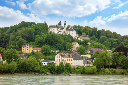 Pilgrimage church Maria Hilf in Passau, Germany - view from Innkaiのeditorial素材
