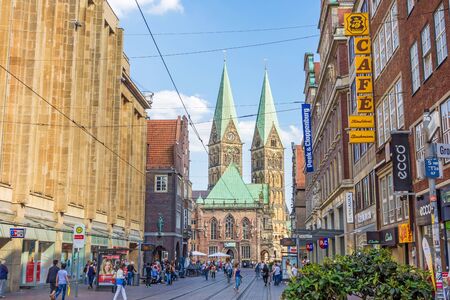 Bremen, Germany - June 6, 2014: Sankt Petri Cathedral - view from the shopping street towards marketplaceのeditorial素材