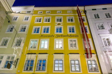 Salzburg, Austria - December 31, 2013: Birth house of Wolfgang Amadeus Mozart by night.のeditorial素材