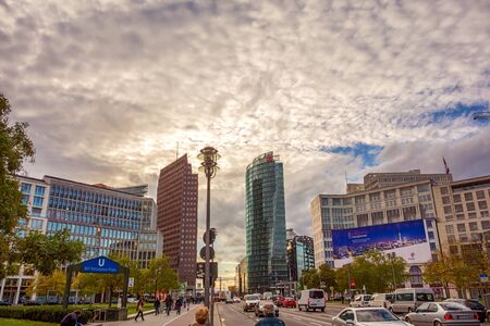 Berlin, Germany - October 28, 2013: Potsdamer Platz square with Sony Center, Deutsche Bahn (German Rail) building, and Kollhoff Tower at sunset.のeditorial素材