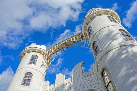 Berlin, Germany - October 27, 2013: Two towers of Castle at Peacock Island "Schloss auf der Pfaueninsel" with bridge. Lake Wannsee, a nearby recreational area of Berlin.のeditorial素材