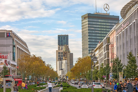 Berlin, Germany - October 27, 2013: View from Wittenbergplatz square towards church Kaiser-Wilhelm-GedÃ¤chtnis-Kirche.のeditorial素材