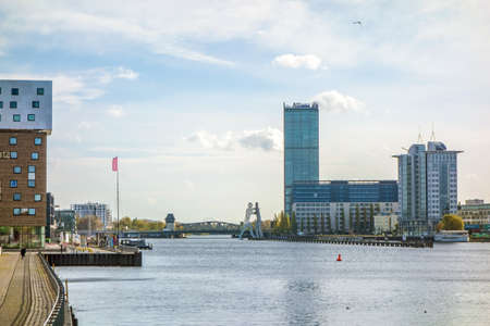 Berlin, Germany - October 29, 2013: View of river Spree from bridge Oberbaumbruecke towards Treptower Park.のeditorial素材