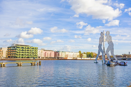 Berlin, Germany - October 29, 2013: Molecule Man sculpture by Jonathan Borofsky. The sculpture represent the intersection of the districts Treptow, Kreuzberg and Friedrichshain.のeditorial素材