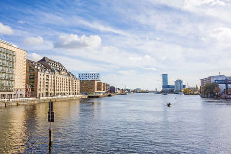 Berlin, Germany - October 29, 2013: View of river Spree from bridge Oberbaumbruecke towards Treptower Park.のeditorial素材