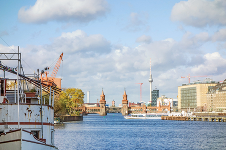 Berlin, Germany - October 29, 2013: Skyline of Berlin with view of the TV Tower at Alexanderplatz square and Bridge Oberbaumbrueckeのeditorial素材