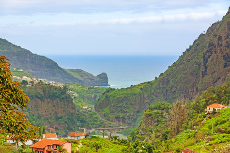 View over Porto da Cruz towards Atlantic Ocean in the north of Madeira islandの写真素材